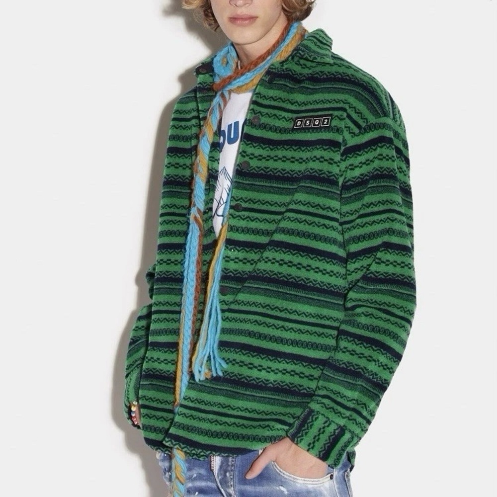 Dsquared2‎ Men's Green Striped Fleece Shirt Jacket Size EU 52/US 40